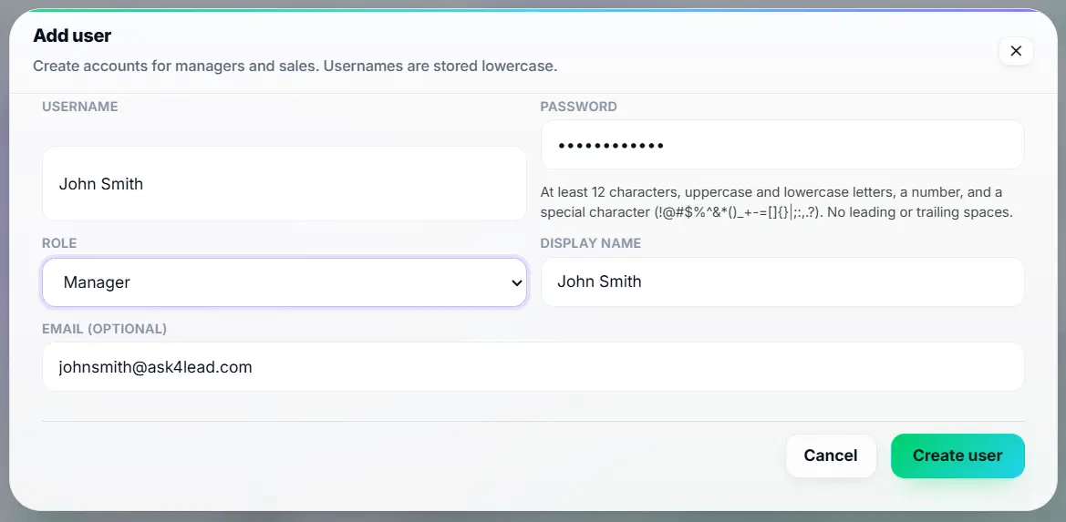 Admin assigning the Manager role to a new user in Ask4Lead