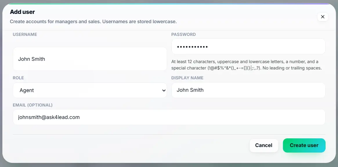 Admin inviting multiple employees to an Ask4Lead multi user WhatsApp CRM software workspace