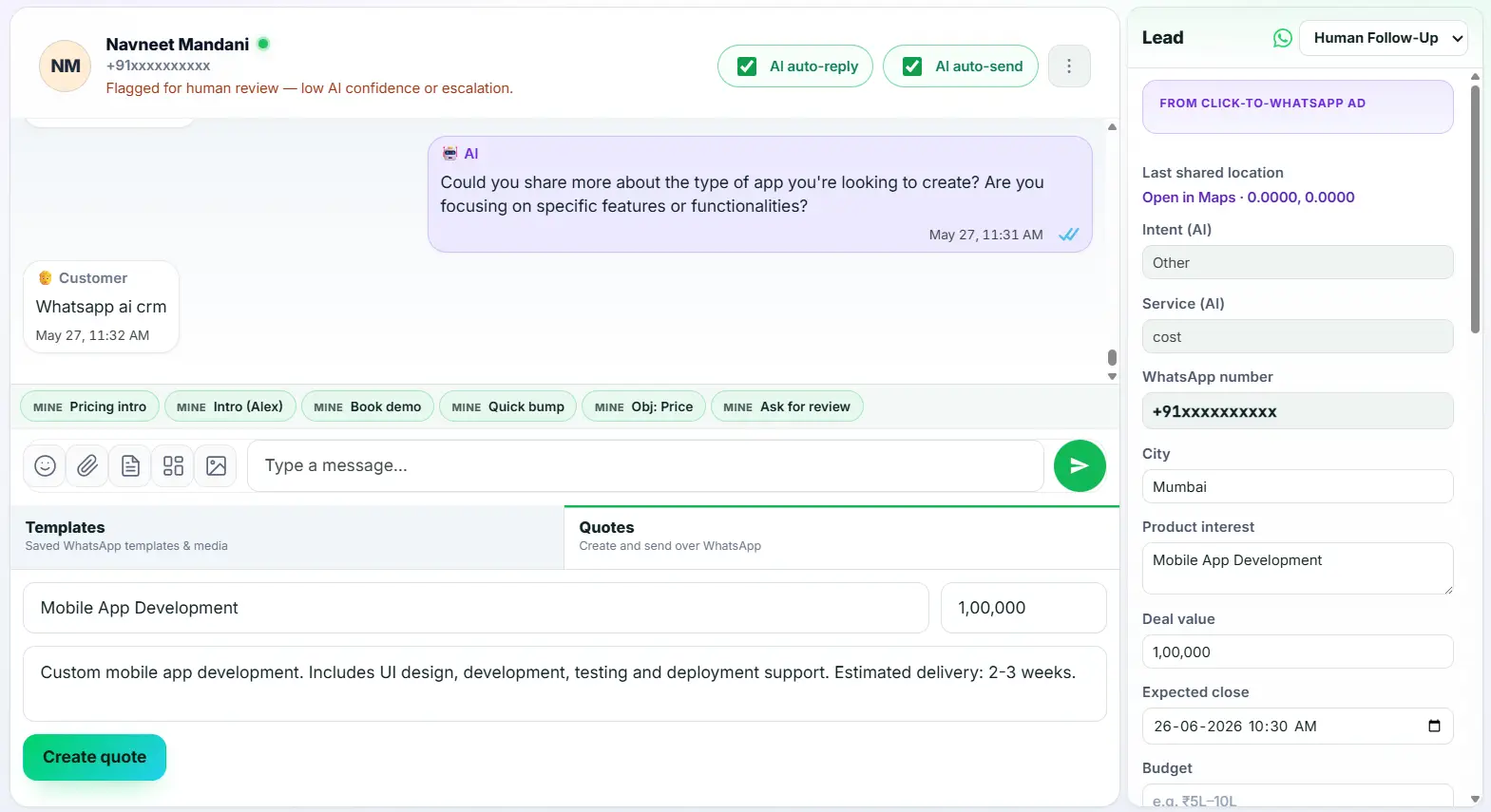 Agent building a pricing quote inside the Ask4Lead CRM before sending it on WhatsApp