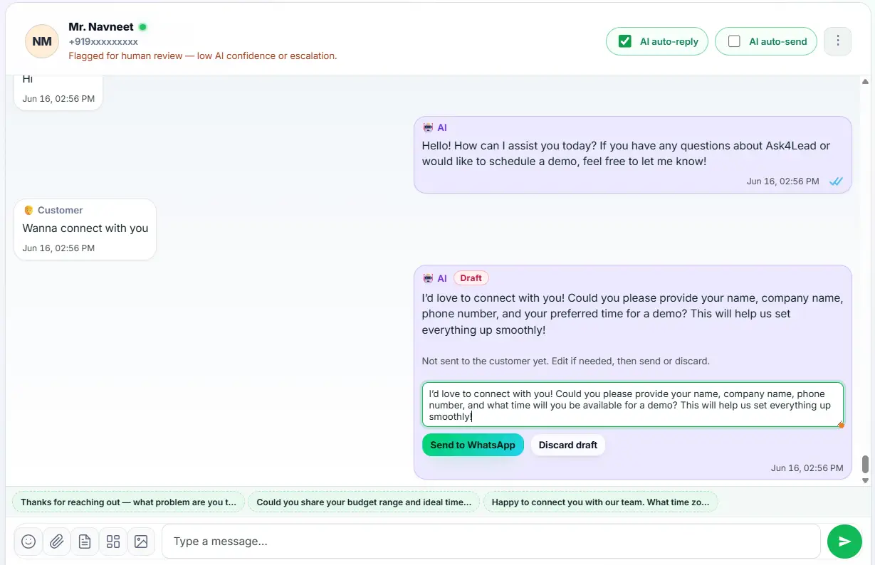 Agent editing a drafted AI reply before clicking approve