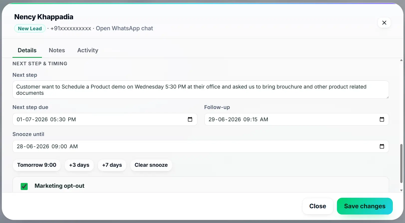Agent scheduling a next step reminder inside the Ask4Lead CRM sidebar