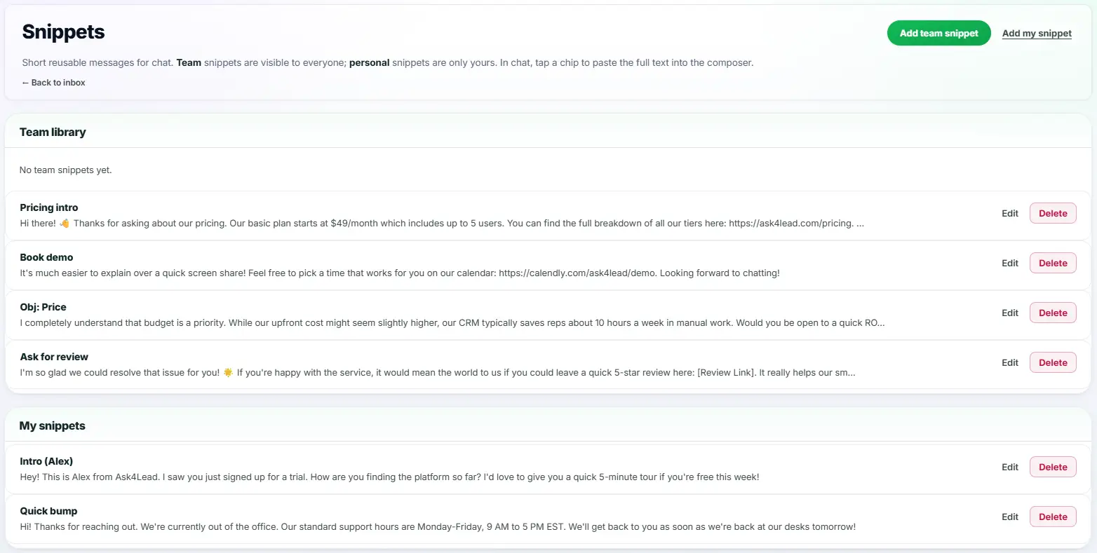 Agent typing a forward slash to open the WhatsApp chat snippets menu in Ask4Lead