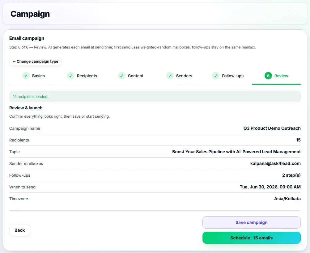 Agent using the Ask4Lead AI email generator to draft a marketing newsletter