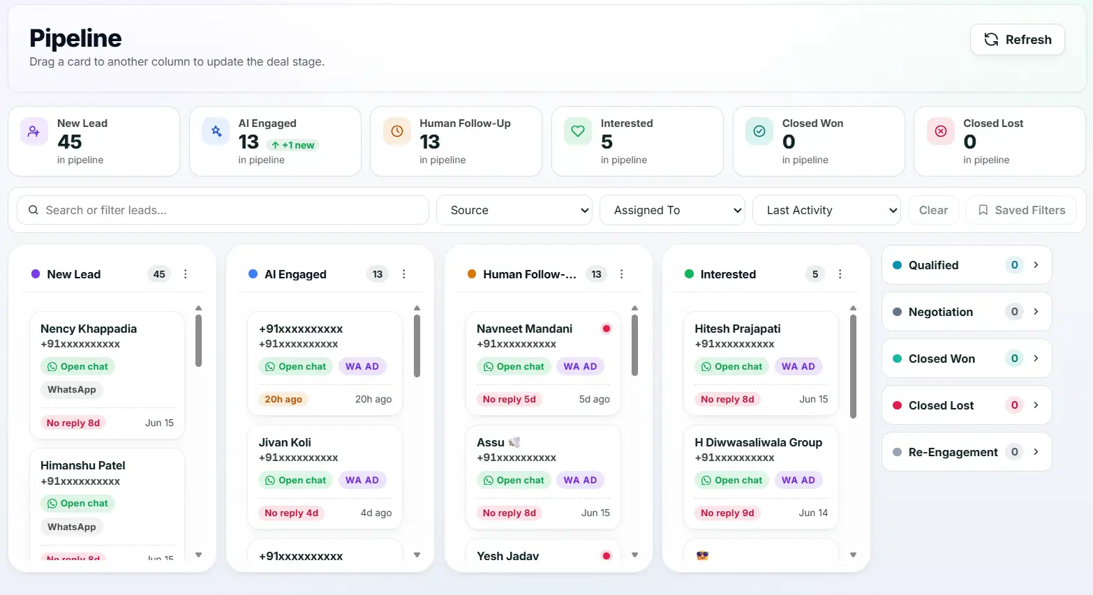 Ask4Lead 9-stage Kanban board visualizing the WhatsApp sales funnel