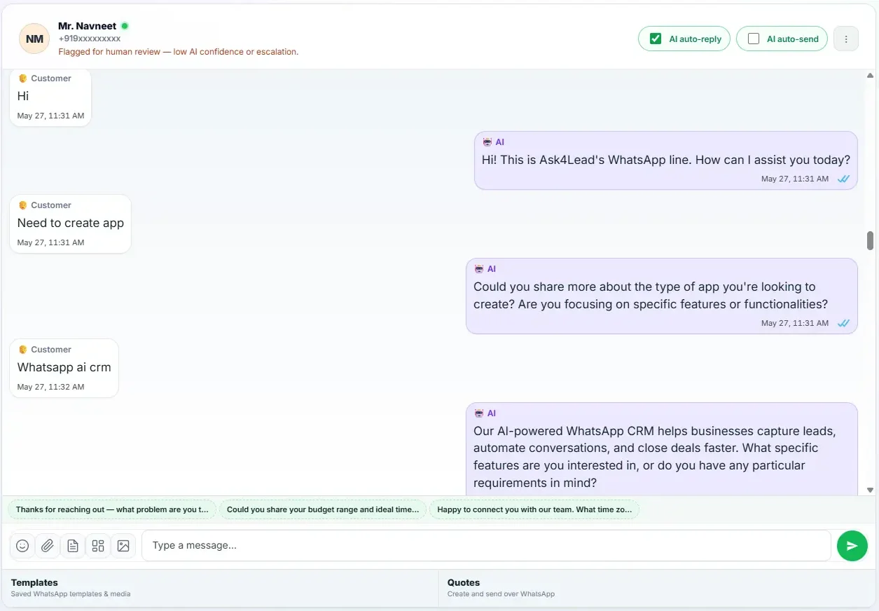 Ask4Lead AI Sales Assistant screen showing a live WhatsApp conversation with a suggested pipeline stage in the sidebar
