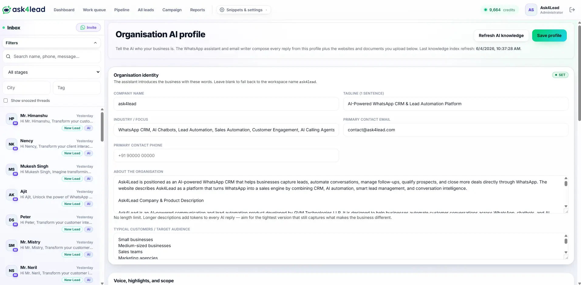 Ask4Lead Tenant AI Profile settings showing the knowledge base and documents that feed every AI Sales Assistant reply