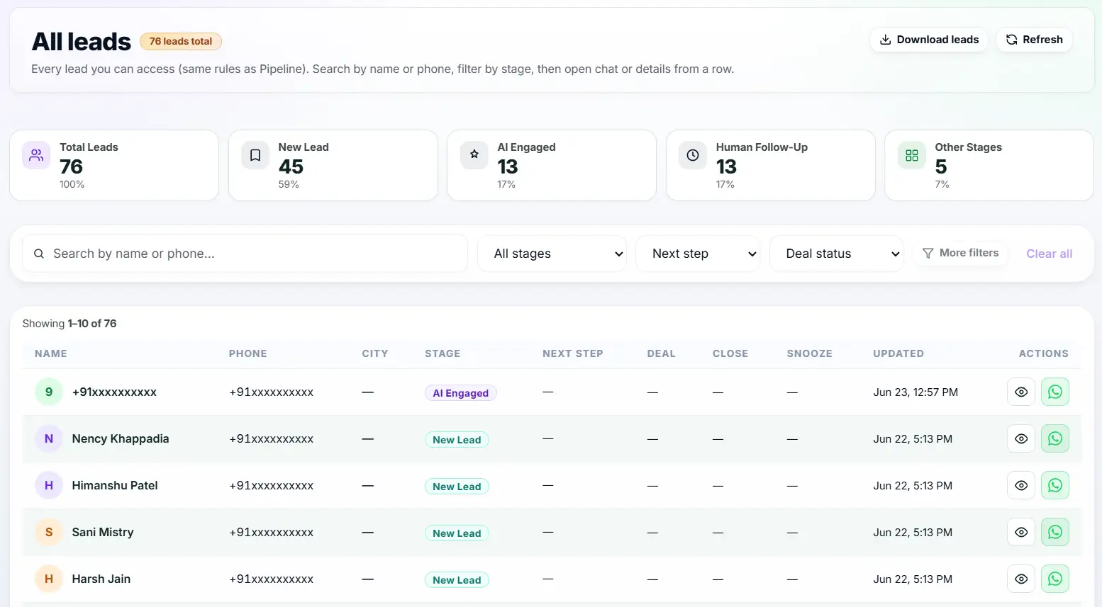 Ask4Lead WhatsApp lead management software showing a structured lead profile with deal value and tags