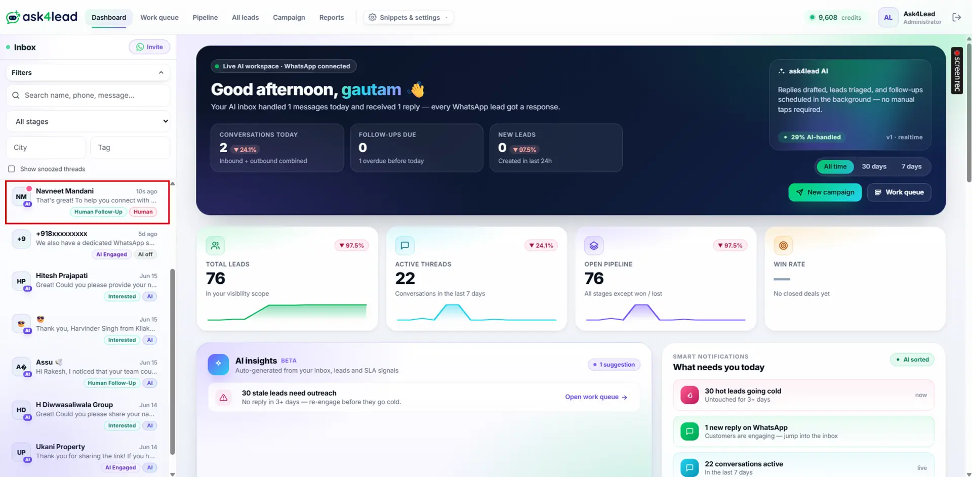 Ask4Lead dashboard showing an incoming WhatsApp message appearing instantly without refreshing the page