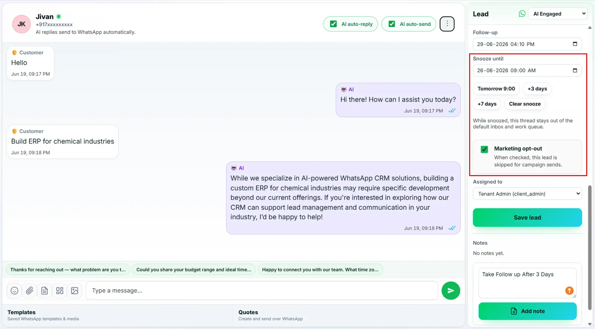Ask4Lead inbox showing a side bar selecting a date to snooze a WhatsApp conversation