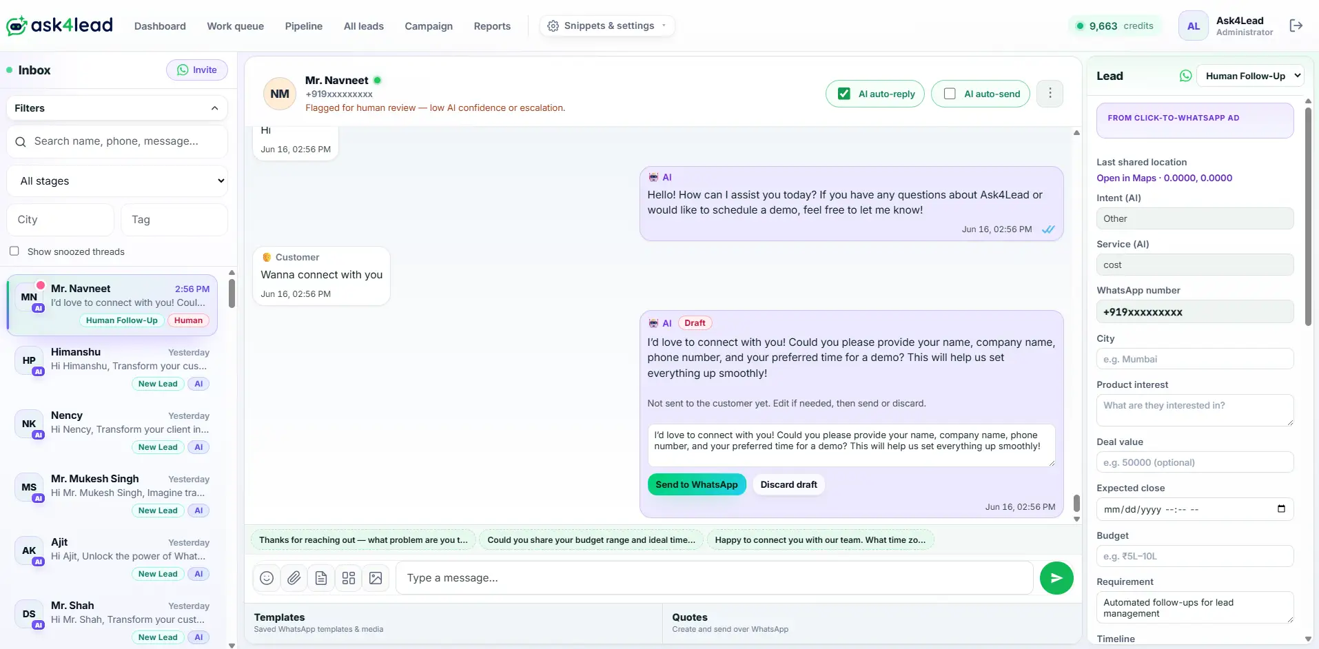 Ask4Lead screen showing an AI draft waiting for human approval with edit and approve buttons