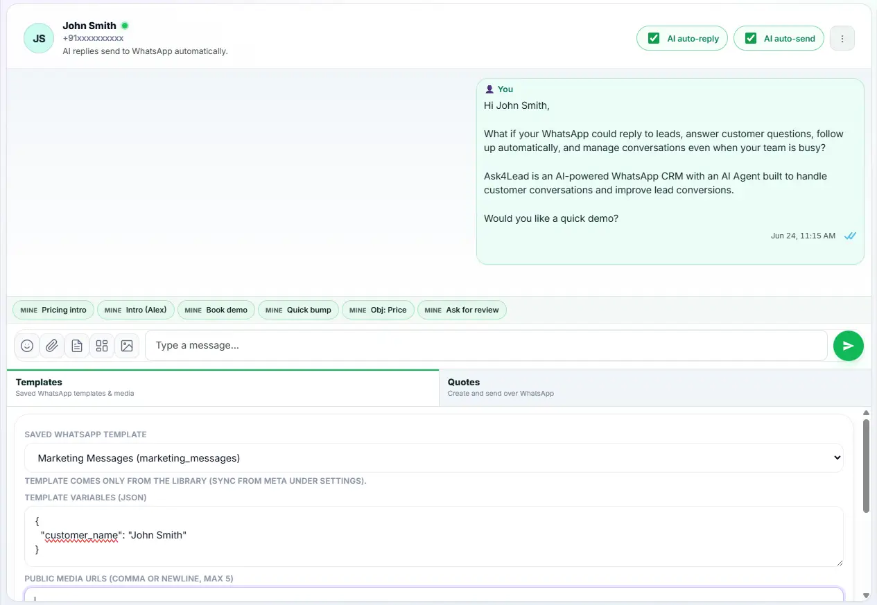 Ask4Lead template builder showing an approved WhatsApp message template with interactive buttons