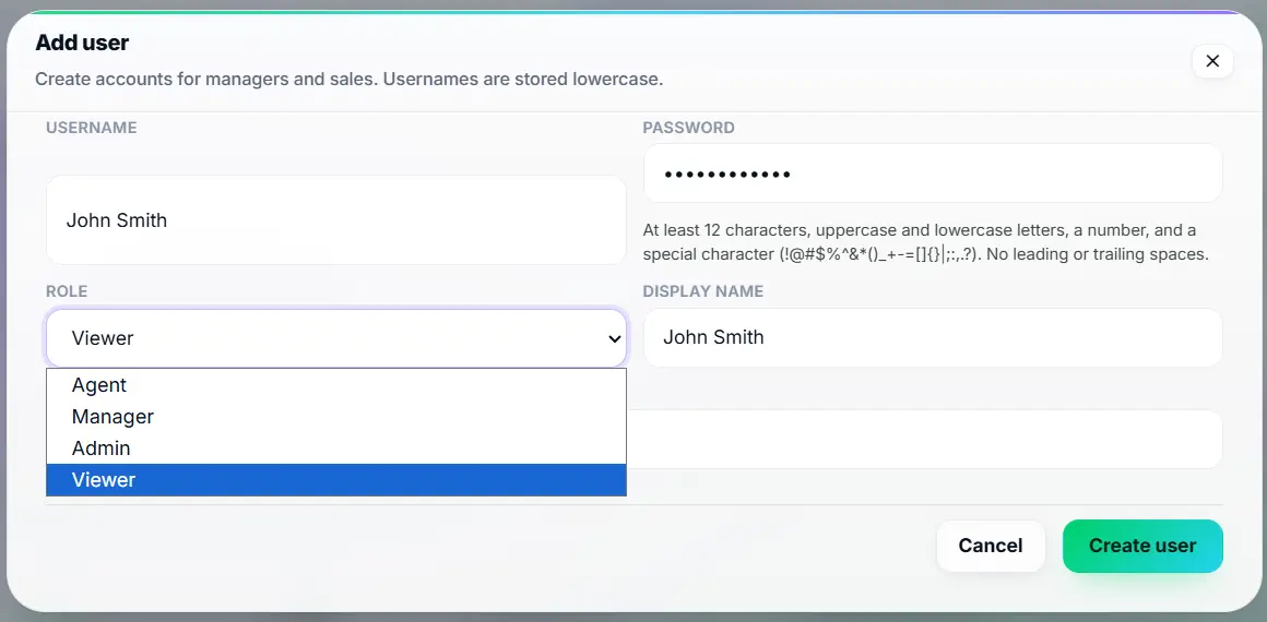 Ask4Lead user management dashboard showing agents, managers, and administrators with different permissions