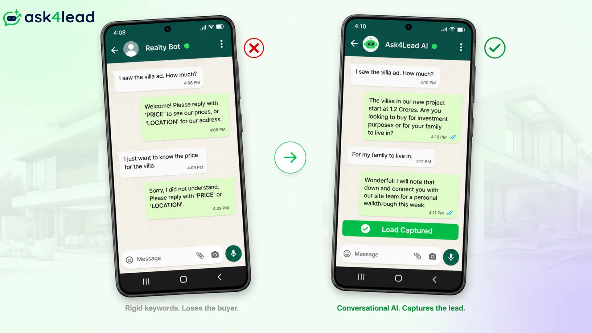 Comparison of rigid chatbot vs conversational AI WhatsApp villa inquiry chat.