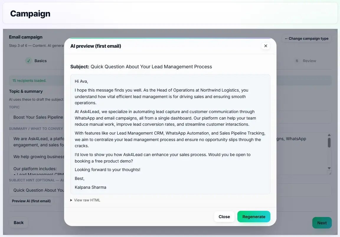 Previewing an AI generated email in the Ask4Lead AI email generator campaign interface