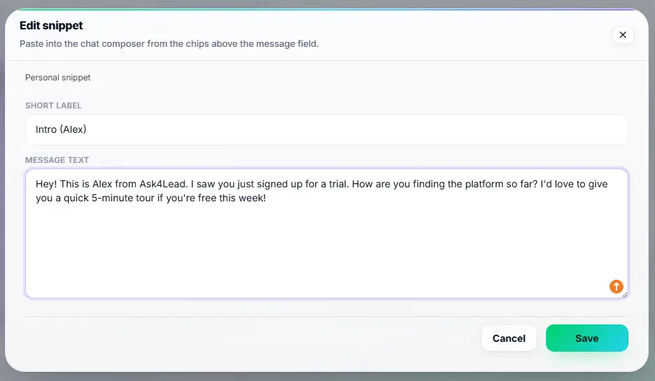 Selecting a saved snippet from the dropdown menu in the Ask4Lead inbox