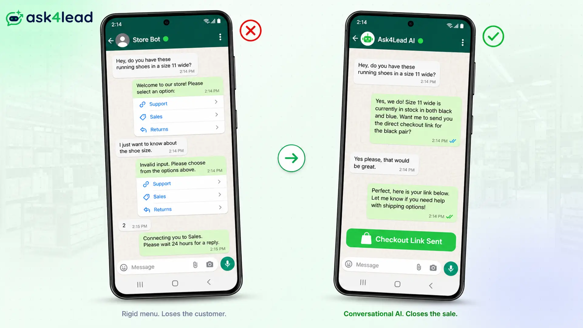 Side-by-side WhatsApp chatbot comparison showing menu-based bot versus conversational AI shopping assistant.
