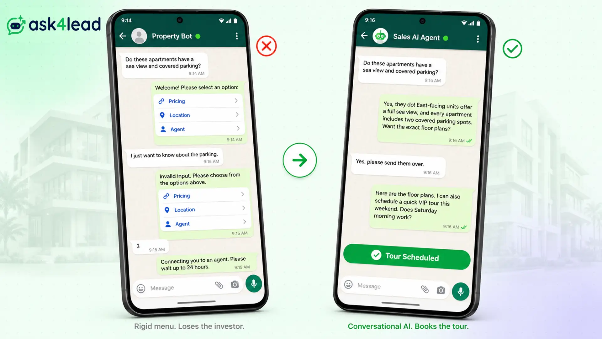 Side-by-side WhatsApp chatbot vs AI real estate chat comparison