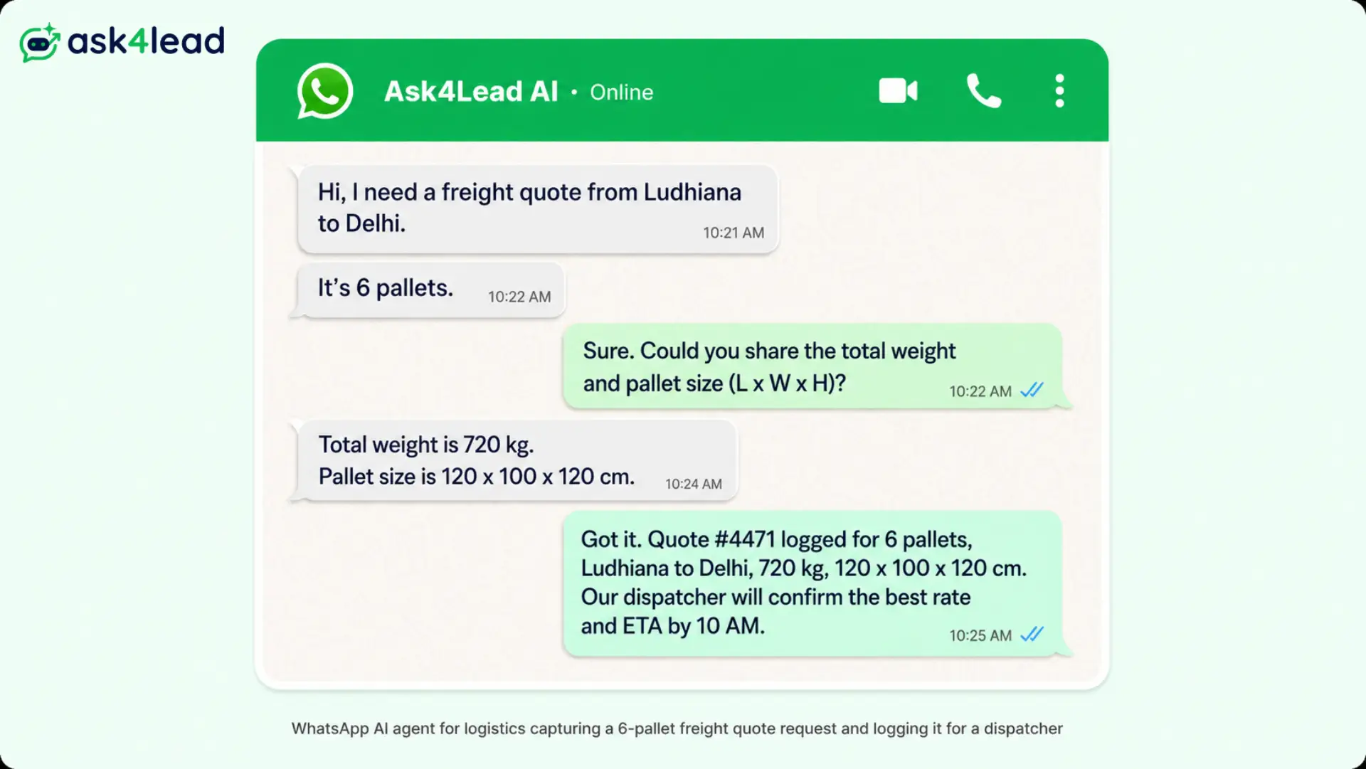 WhatsApp AI agent for logistics capturing a 6-pallet freight quote request and logging it for a dispatcher