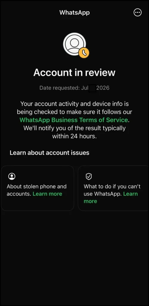 whatsapp account in review screen