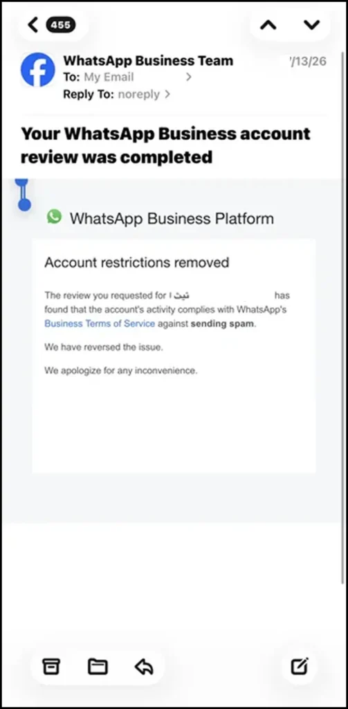 whatsapp review reinstatement email