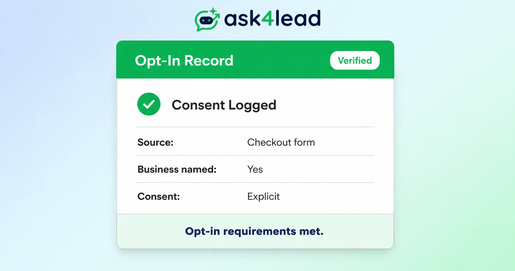 Status card showing a verified WhatsApp opt-in record with source, business name, and consent type.