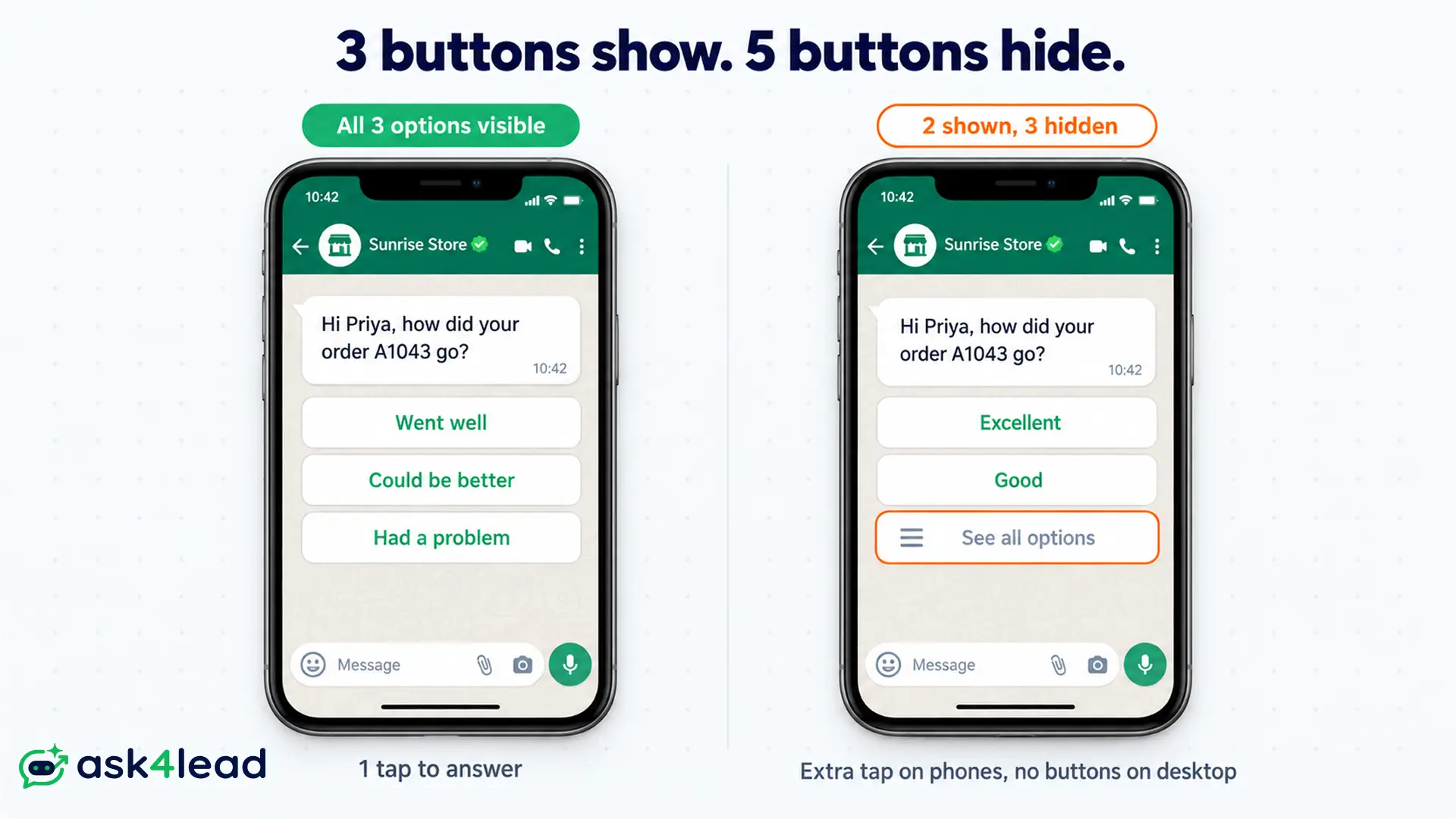 3 quick replies versus 5 rating buttons on WhatsApp