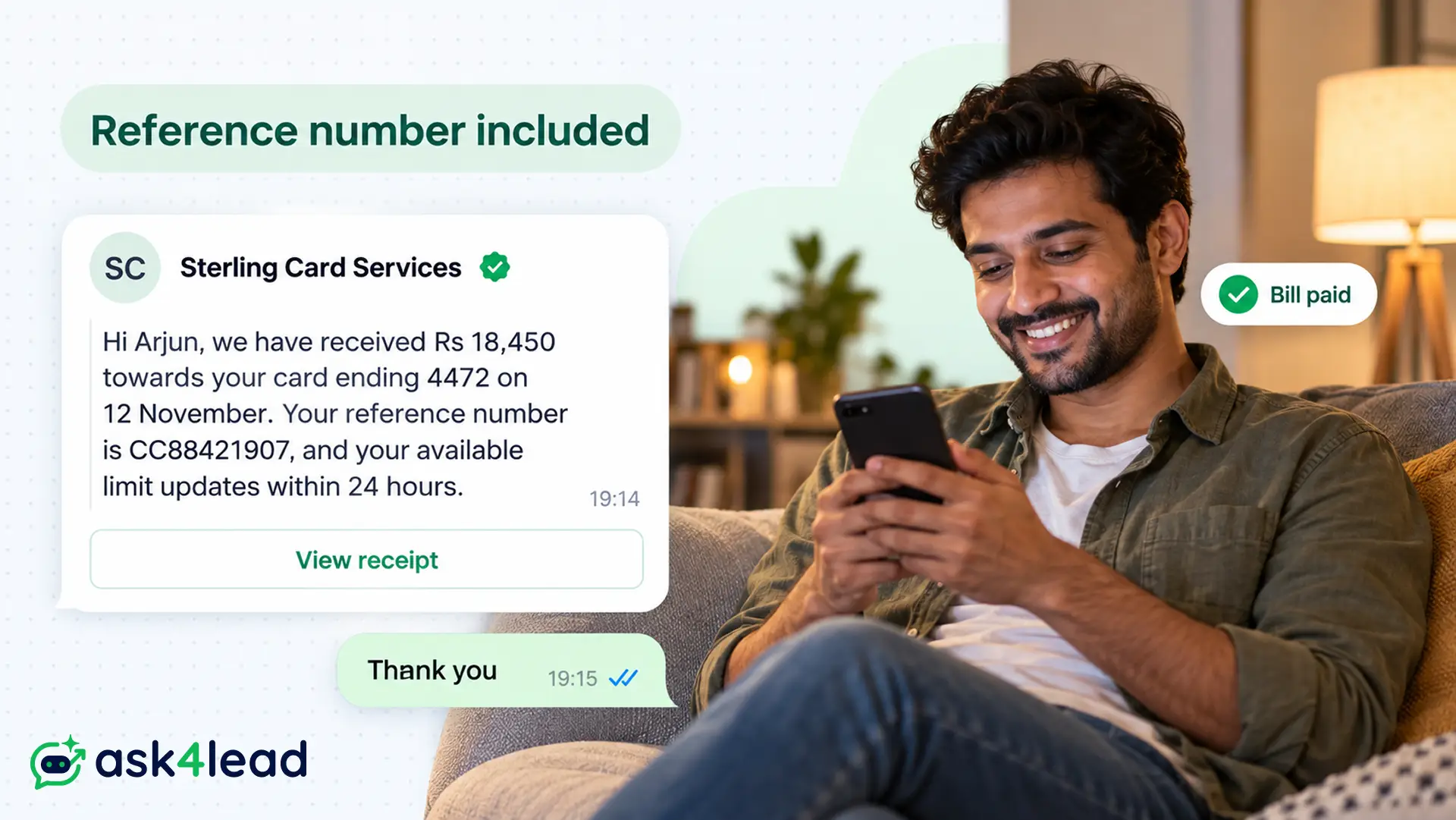 Credit card payment received message on WhatsApp
