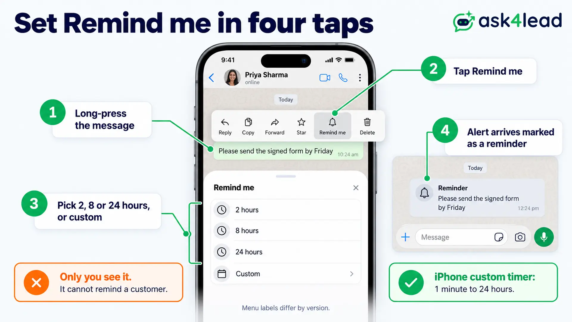 How to use Remind me on a WhatsApp message in four steps