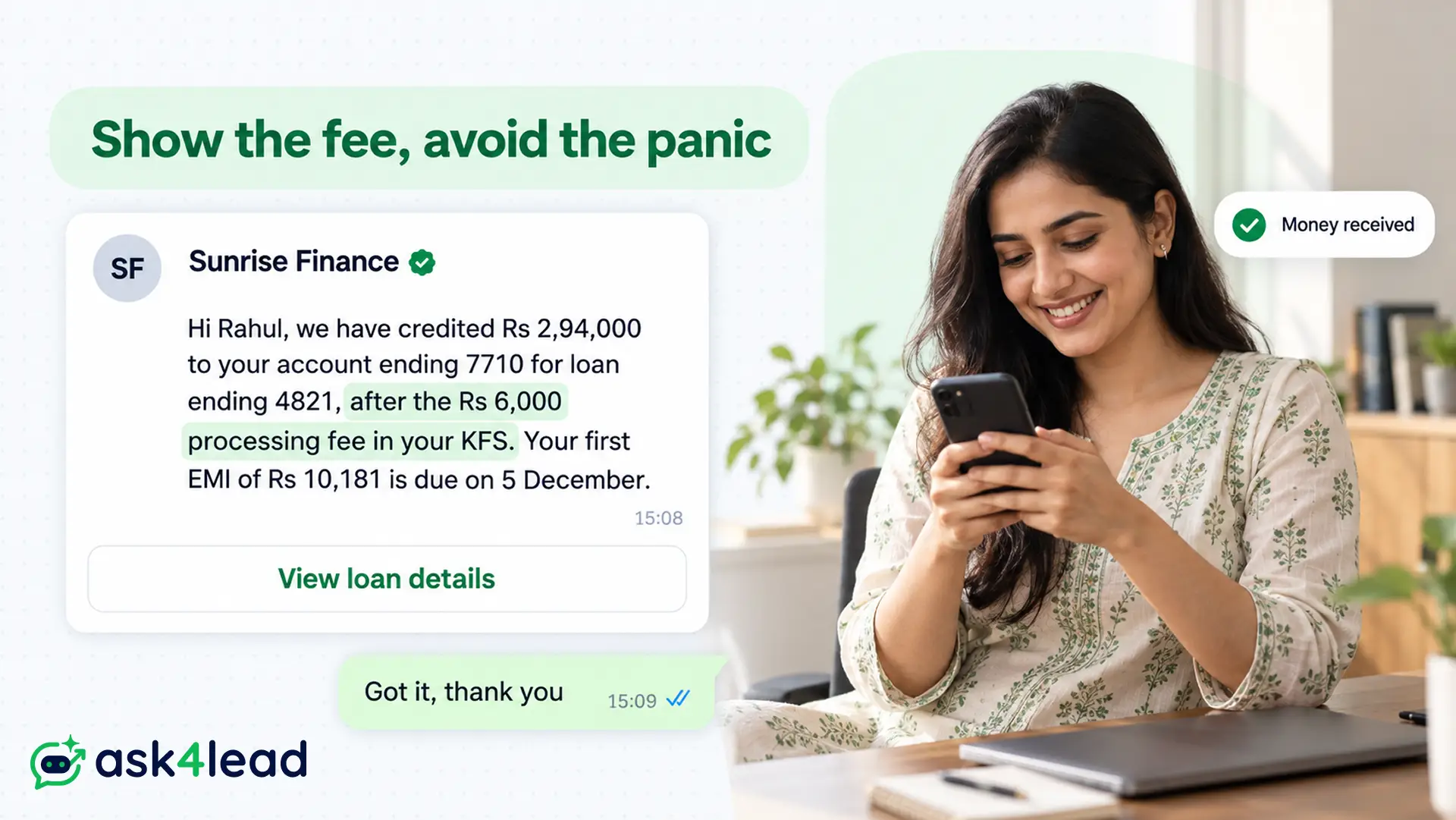 Loan disbursed message on WhatsApp