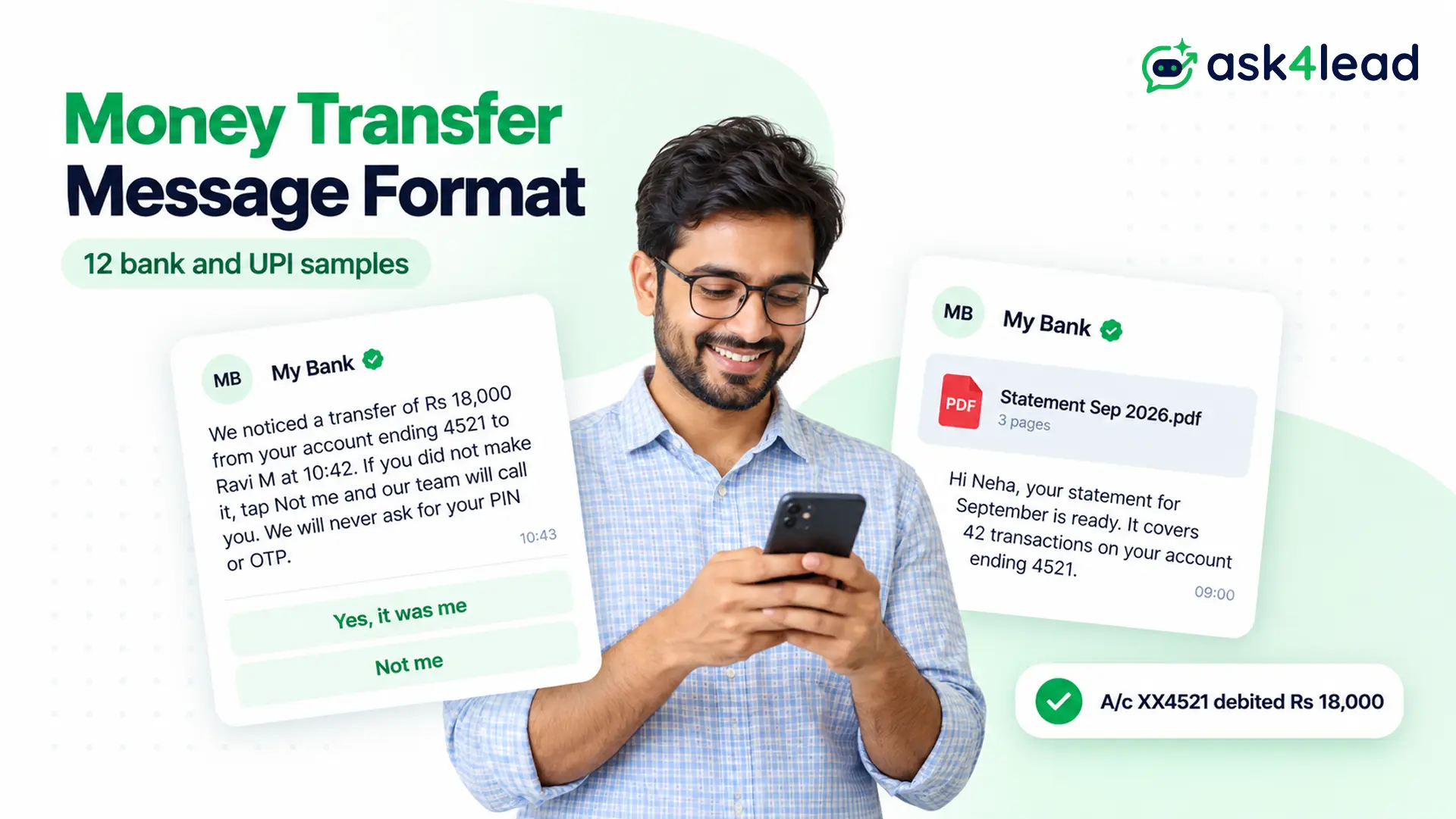 Money transfer message format for bank alerts