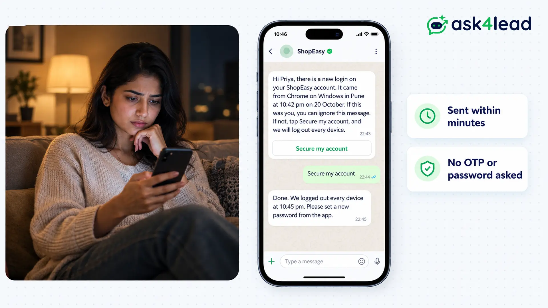 New login alert and customer reply on WhatsApp