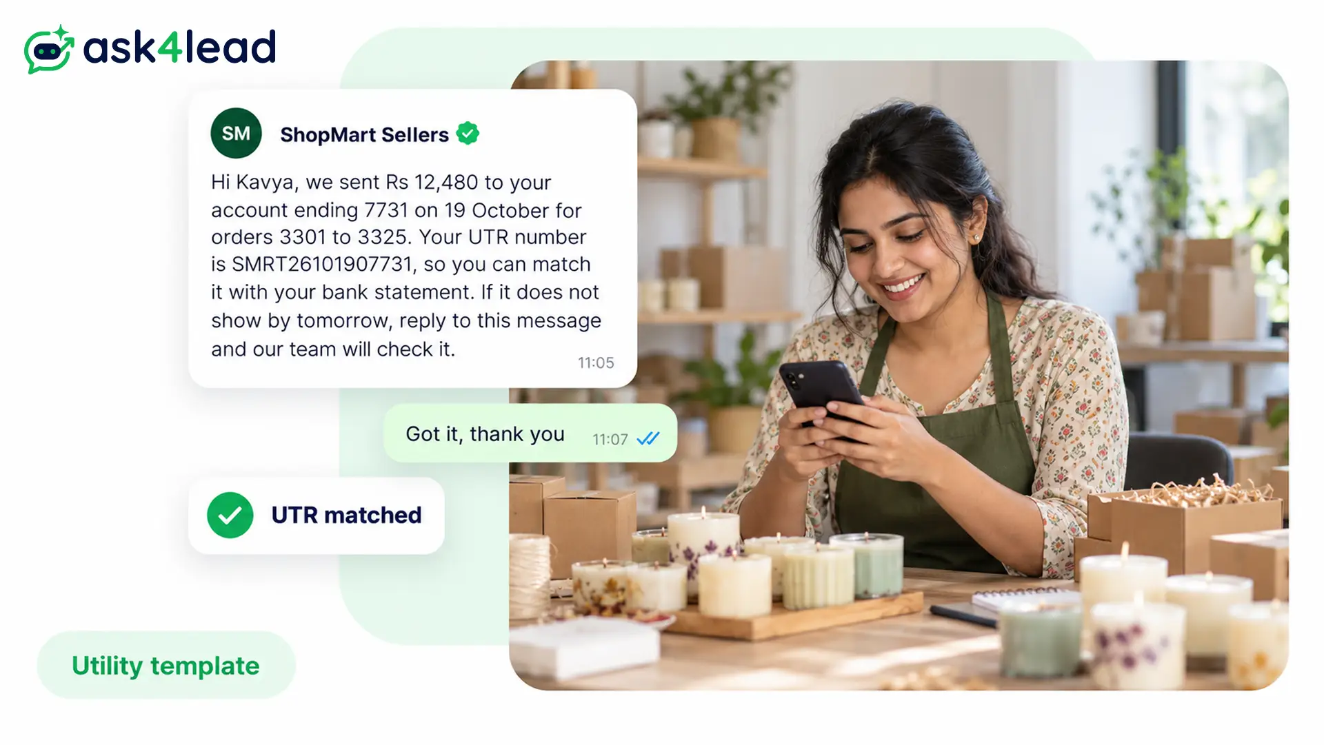 Payout sent message for a seller on WhatsApp