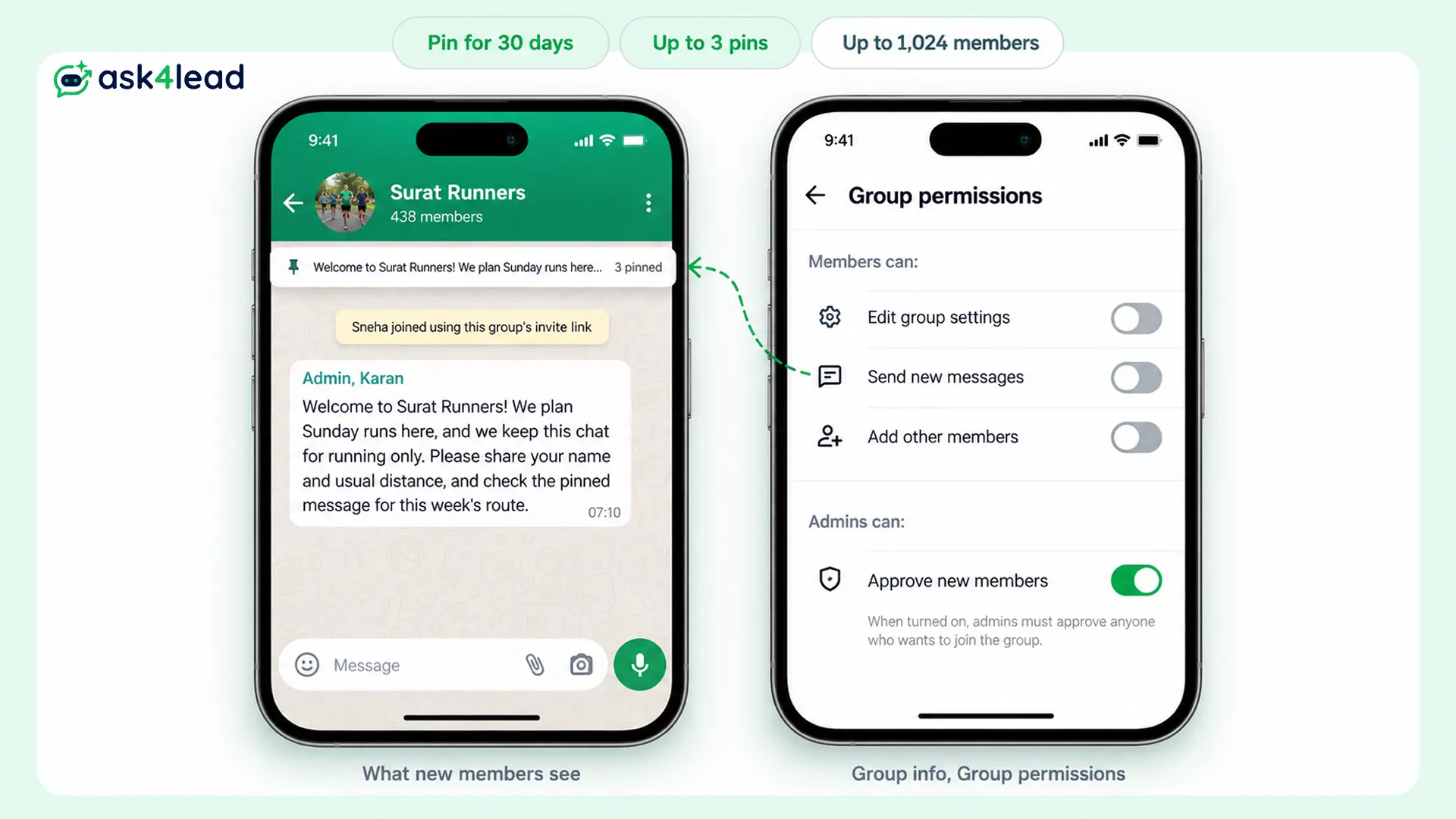 Pinned WhatsApp group welcome message and admin settings