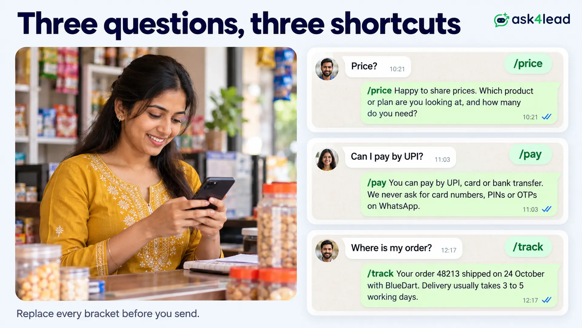 Quick reply messages for price, payment and delivery chats on WhatsApp Business