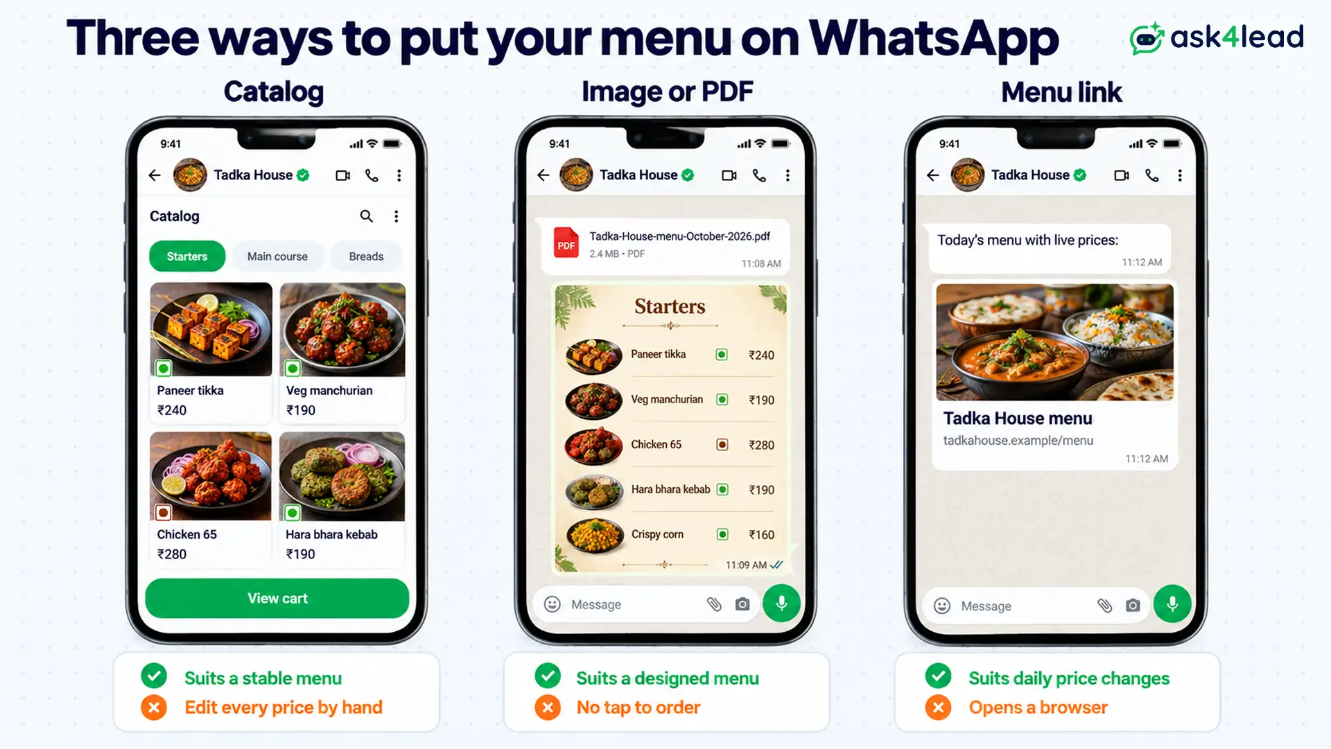 Three WhatsApp menu card formats