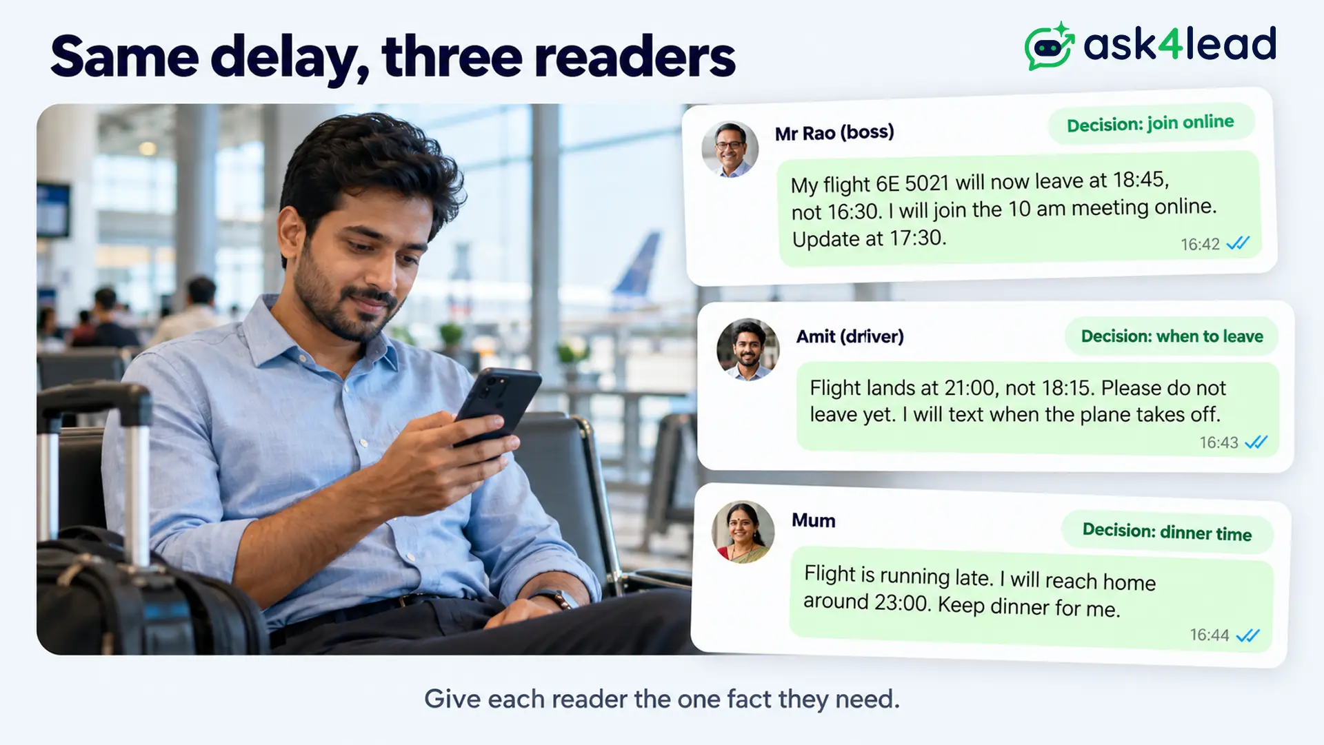 Three flight delay message samples for a boss, a driver and family on WhatsApp