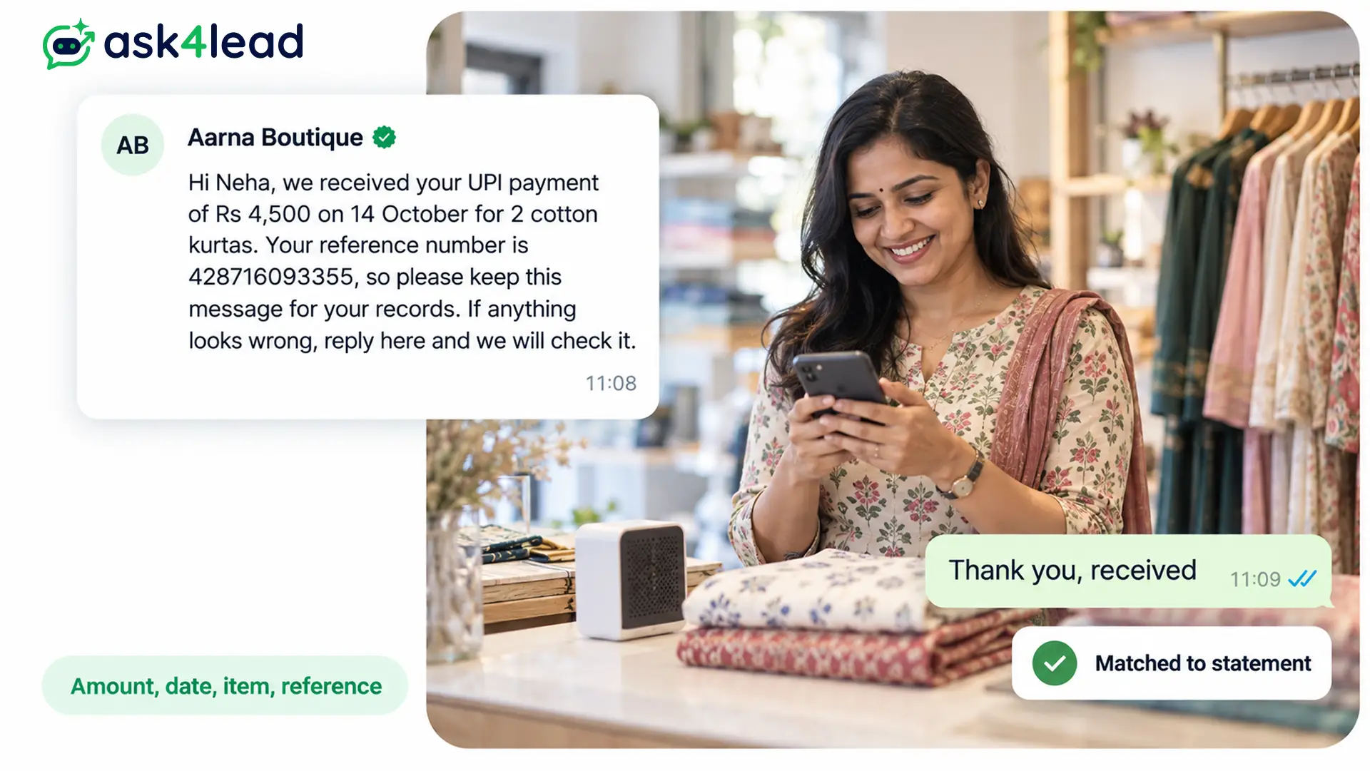 UPI money received message at a shop counter