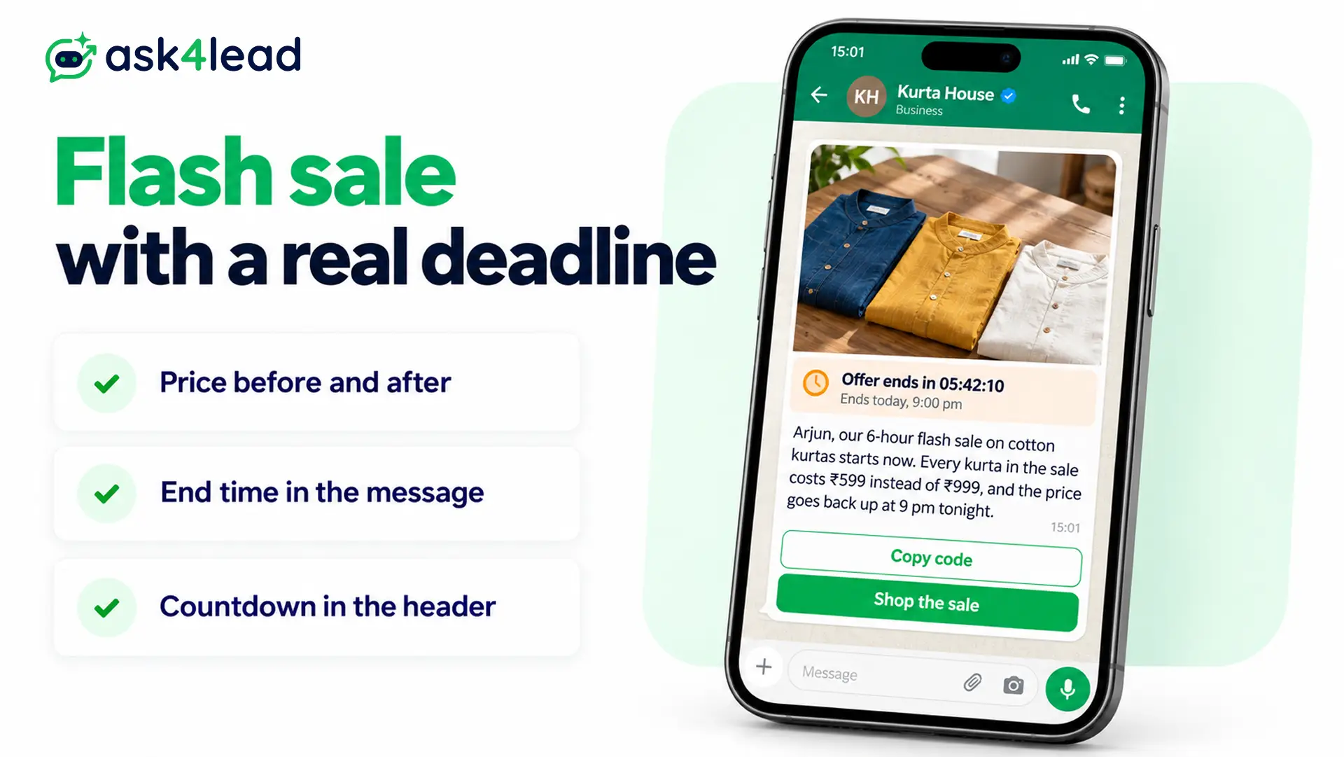 WhatsApp flash sale message with countdown