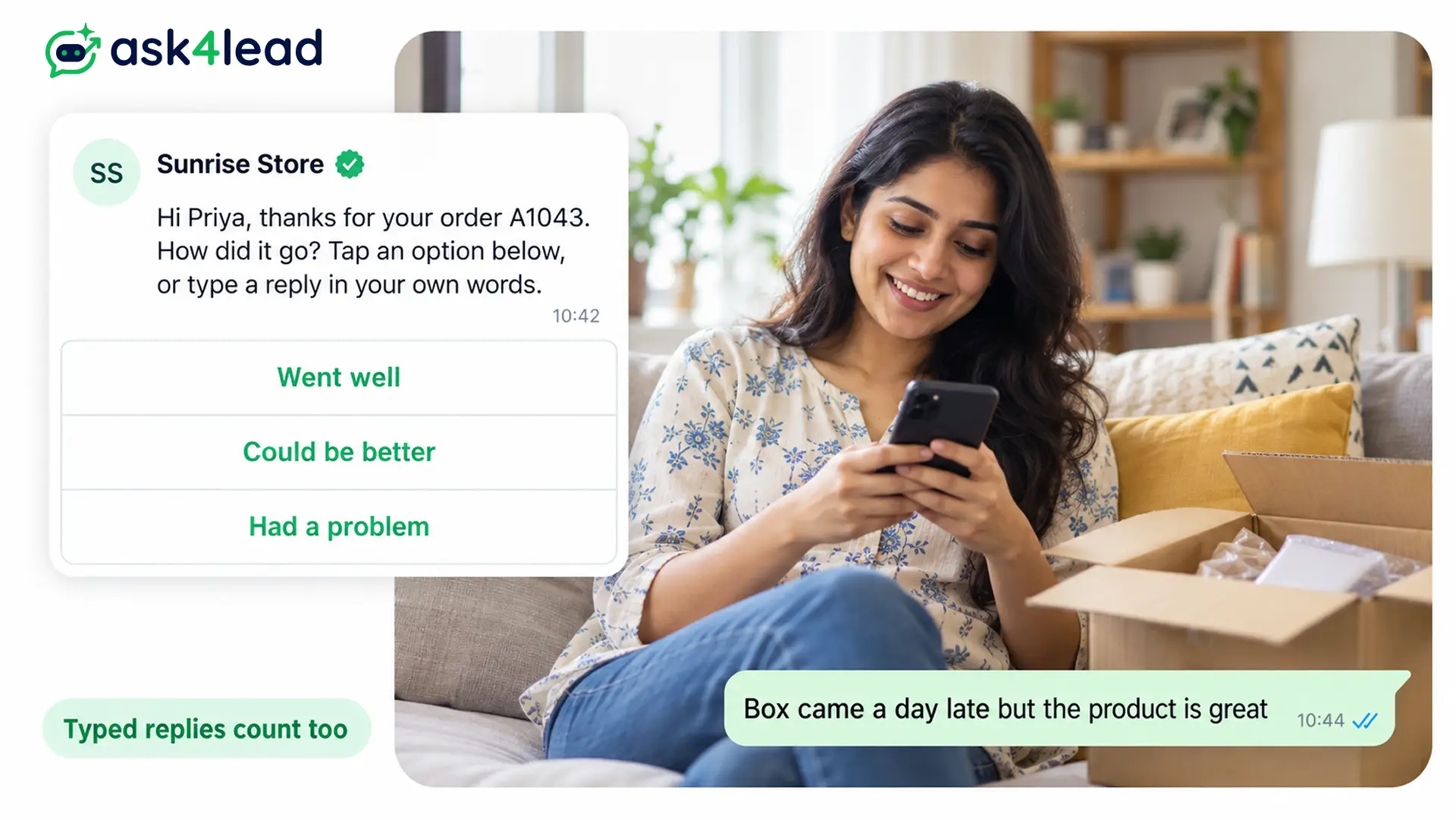 WhatsApp review request with 3 quick replies